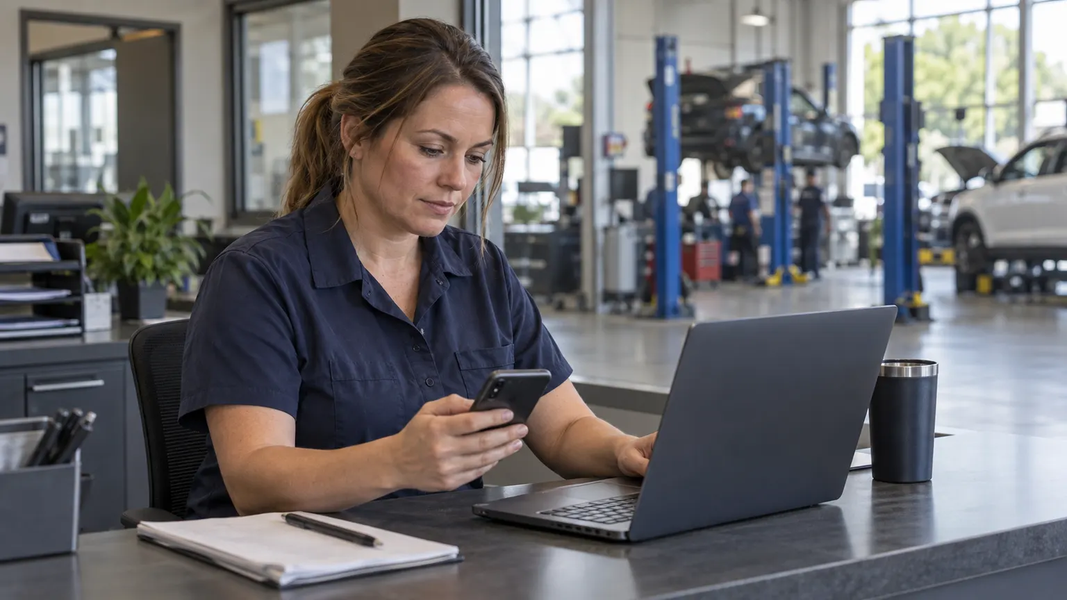 Service Advisor comparing a customer message on a phone with a draft reply on a laptop.