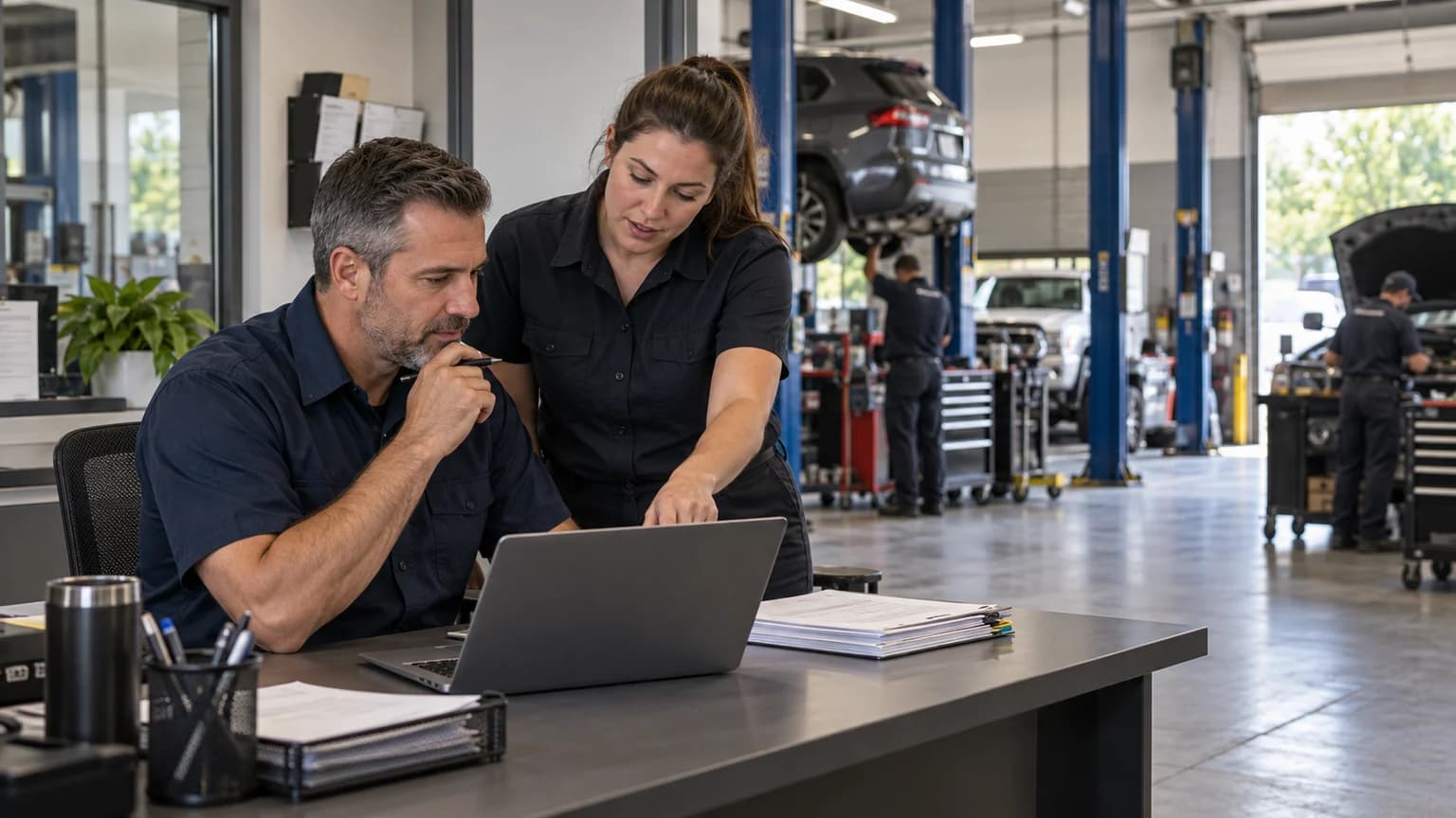 Shop owner and service advisor reviewing an AI-assisted draft on a laptop beside an active repair floor.