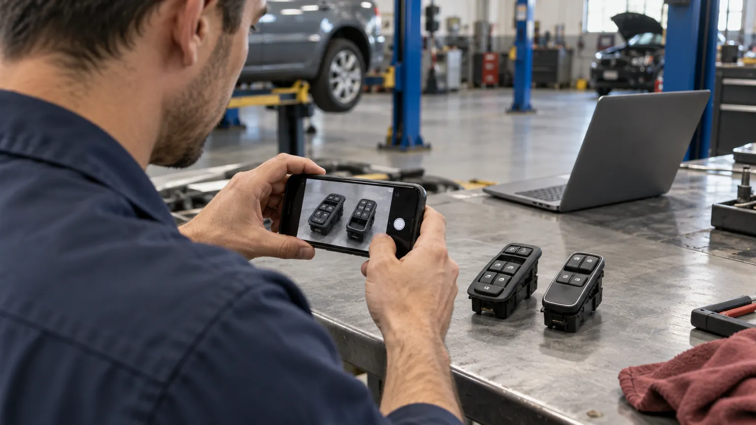 Technician photographing two window switch assemblies on a workbench for parts identification.