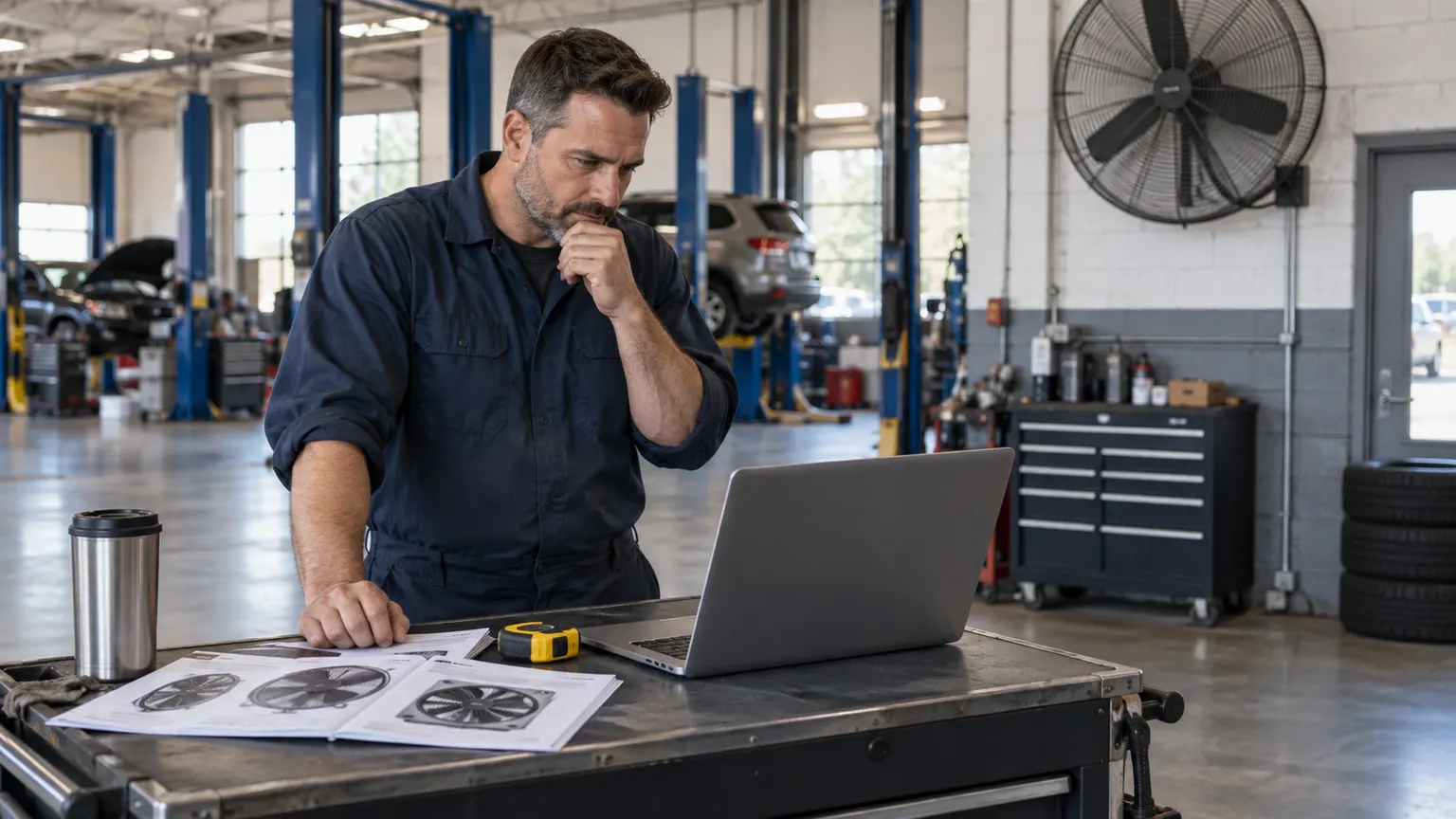 Shop owner comparing industrial fan specifications beside a laptop in a repair bay.