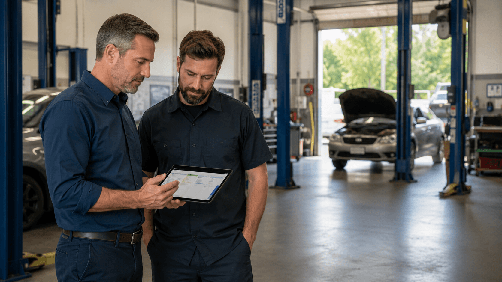 Shop owner and foreman reviewing a tablet-based schedule on an auto repair shop floor.