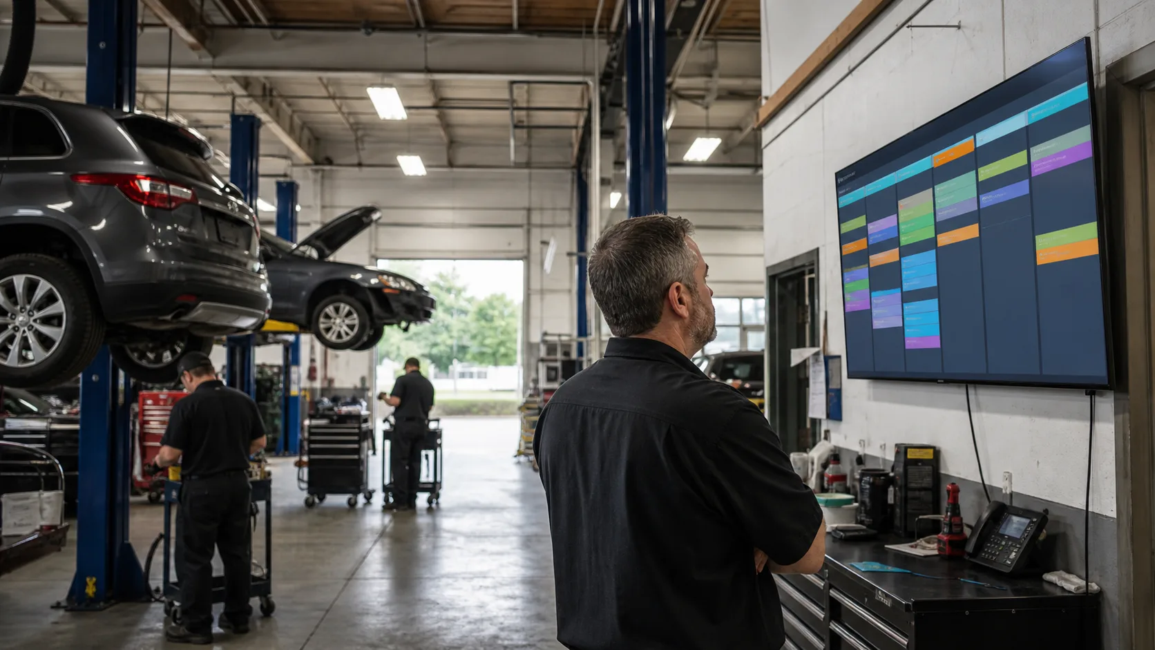 Foreman reviewing a digital shop schedule on a wall-mounted screen in a busy auto repair shop.