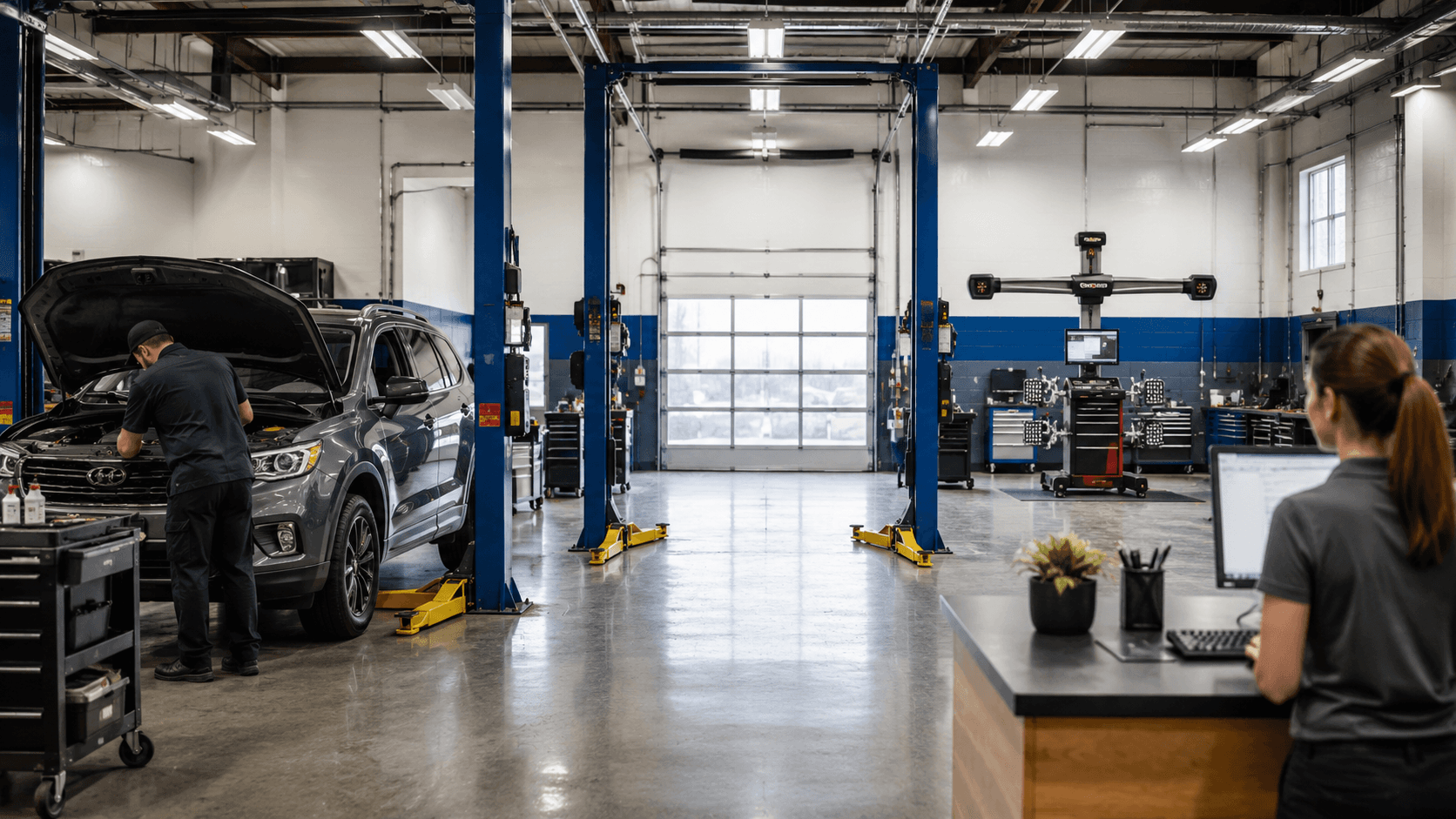 Technician working in one bay while open lifts and alignment equipment show the shop's capacity layers.