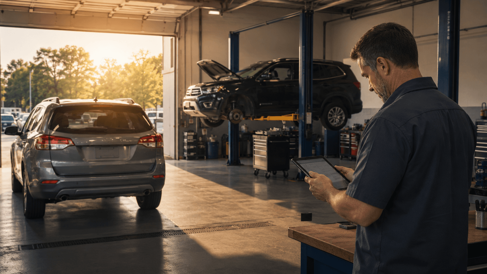 Foreman checking a tablet near a vehicle waiting outside a lift bay late in the day.