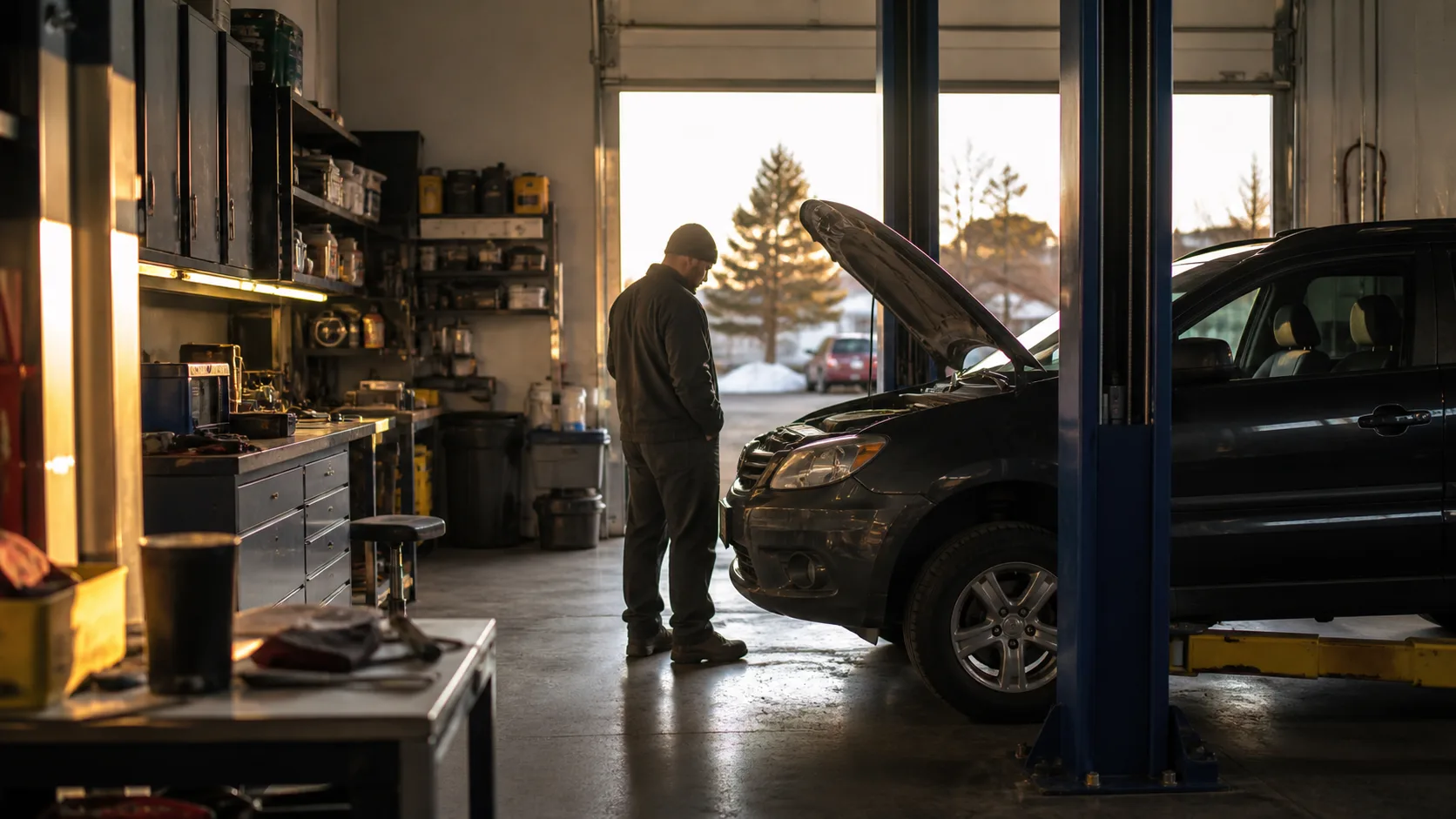 Late-day repair bay with a technician checking a vehicle that may need to carry into tomorrow.