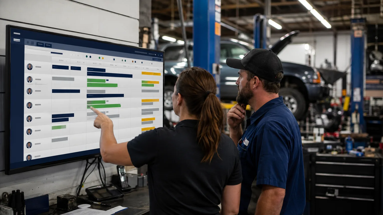 Service writer and technician reviewing a digital shop-floor scheduling screen with colored job blocks in an active repair shop.
