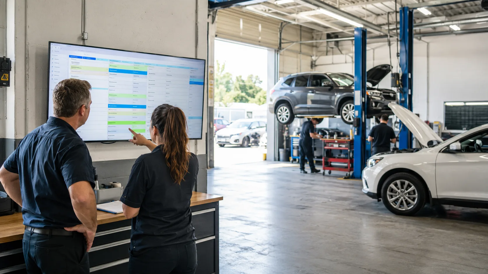 Service advisor and foreman reviewing a balanced shop schedule with one open bay available.
