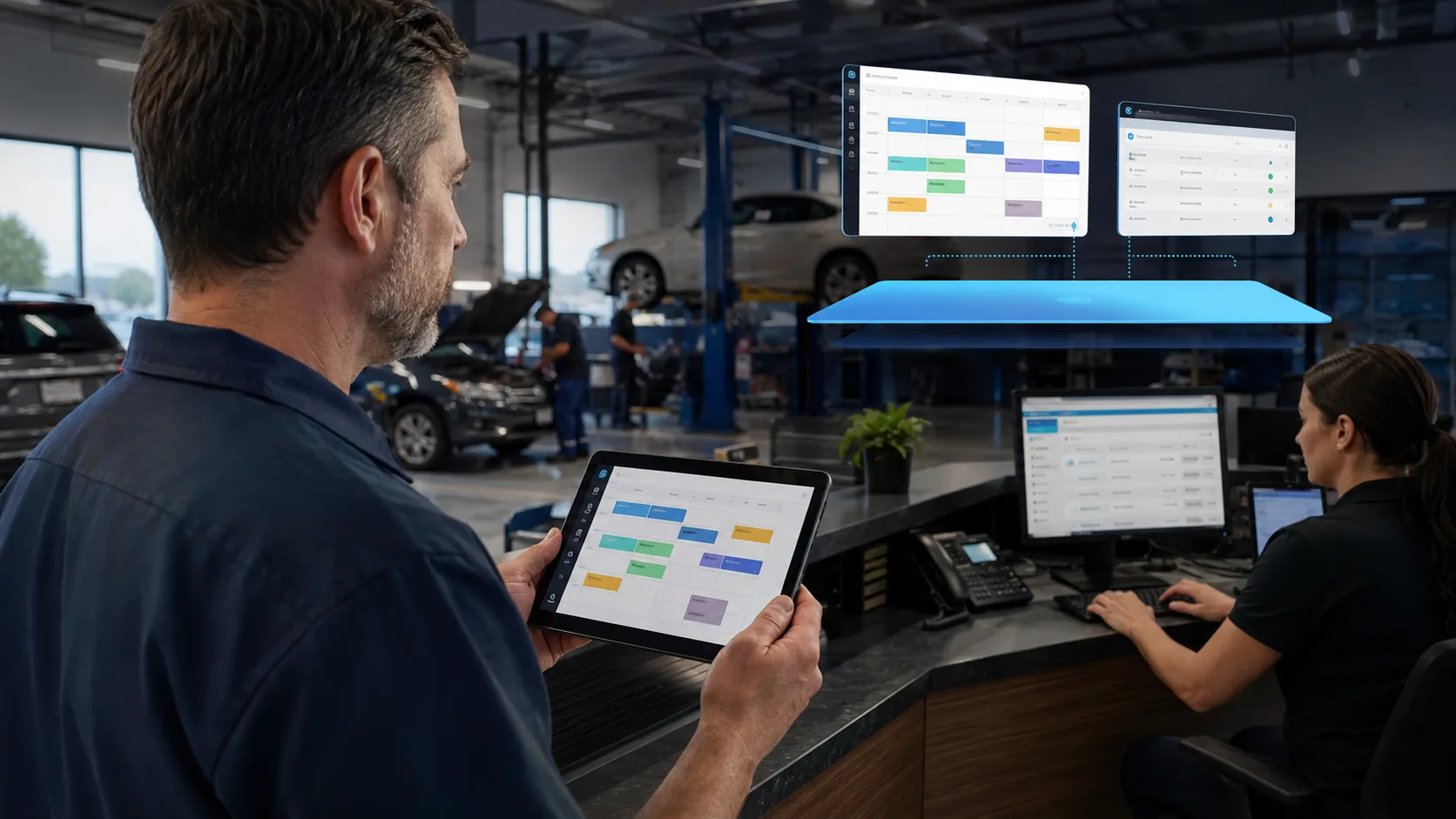 Foreman reviewing a tablet schedule while the service writer works at the counter.