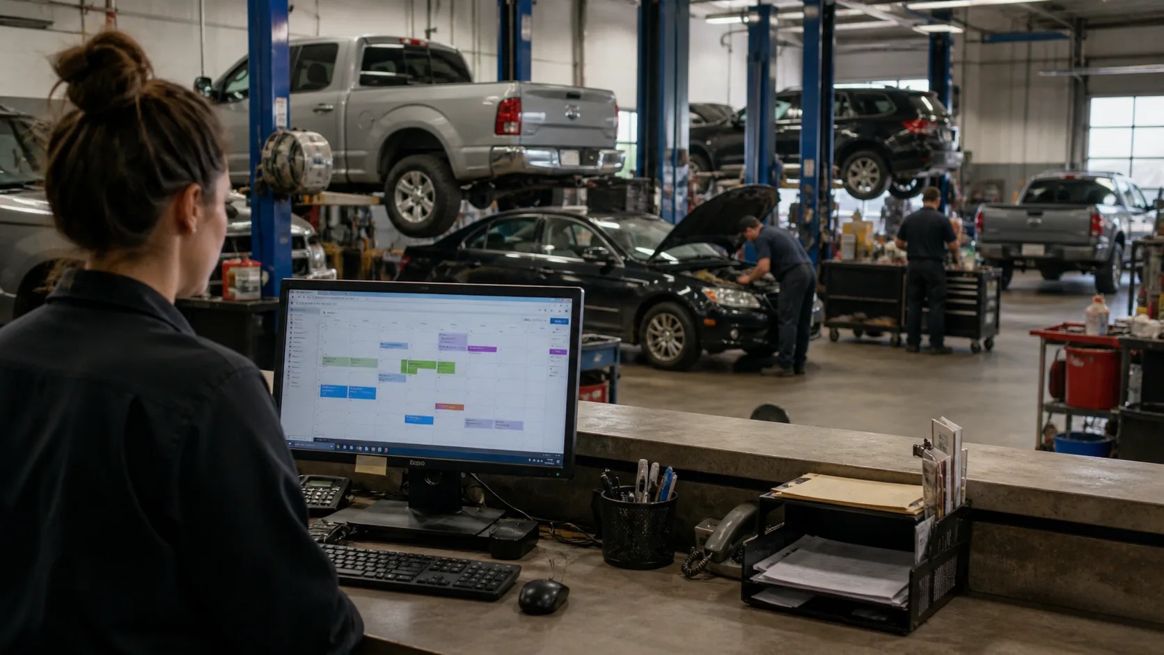 Service advisor reviewing the appointment calendar while the shop floor is active behind the counter.