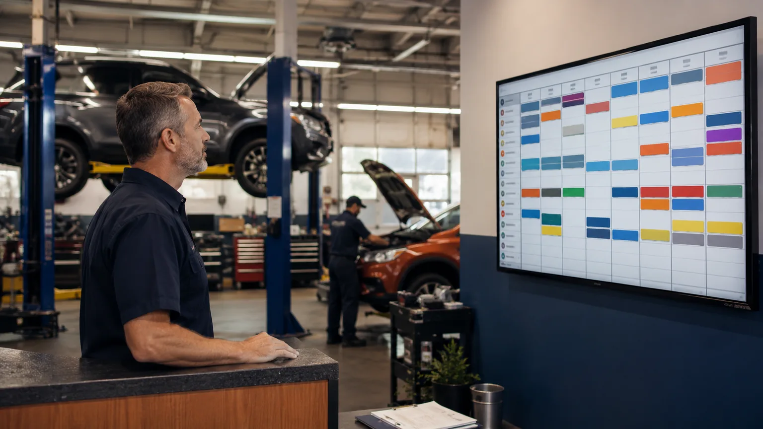 Shop foreman reviewing a wall-mounted digital scheduling board beside an active repair shop floor.