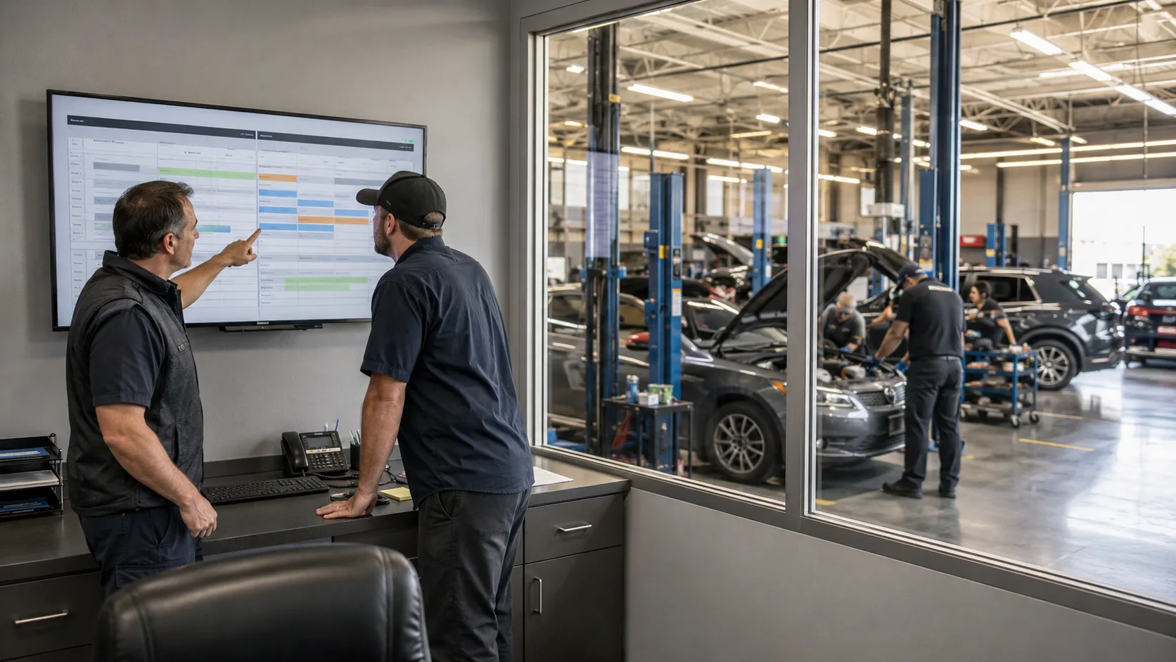 Two shop leaders reviewing a wall-mounted scheduling screen beside an active auto repair shop floor.