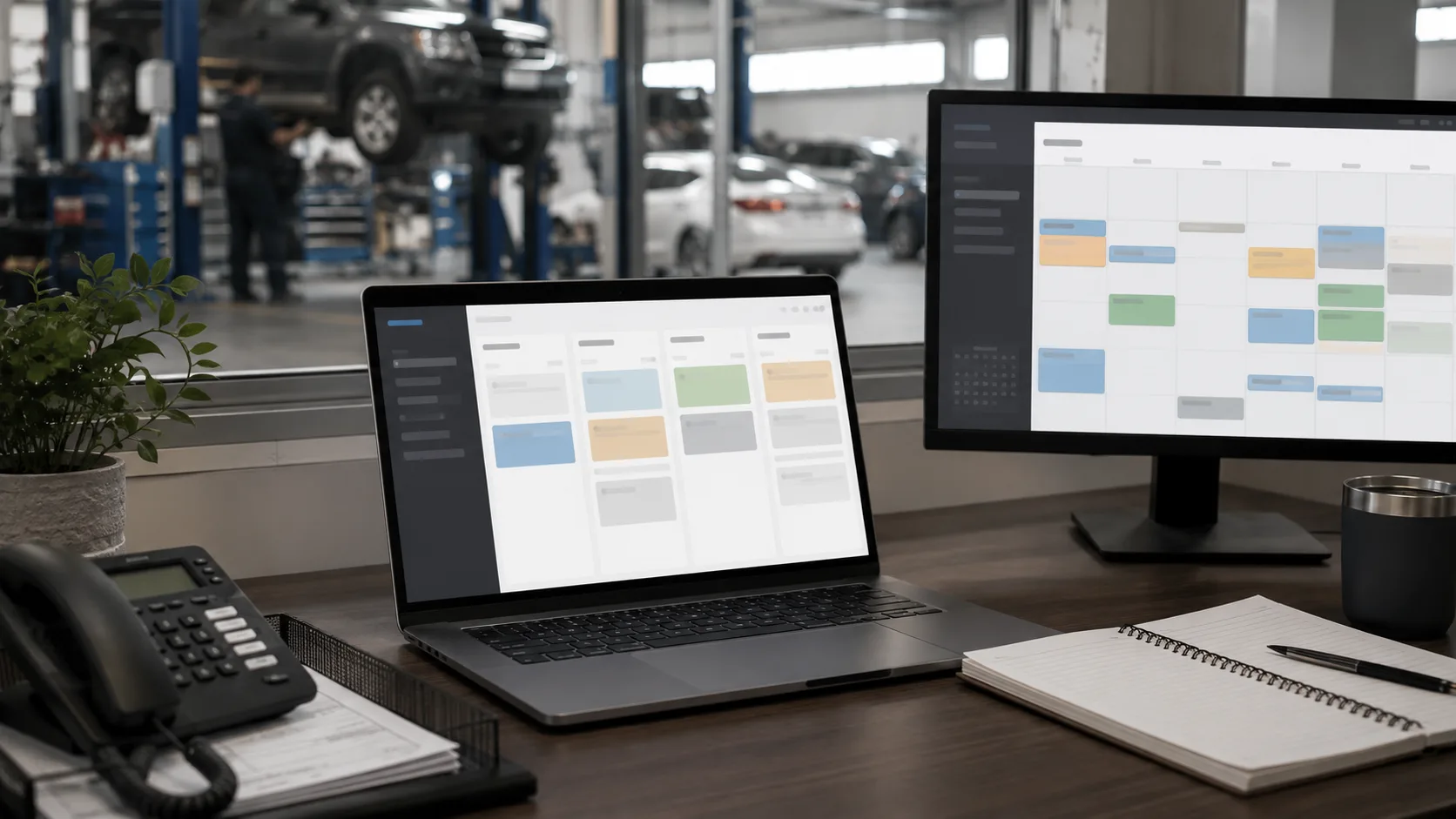 Laptop and monitor showing a generic appointment calendar and workflow board in a shop office.