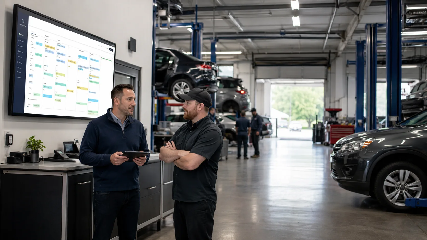 Owner and service advisor reviewing a digital capacity board on an active auto repair shop floor.