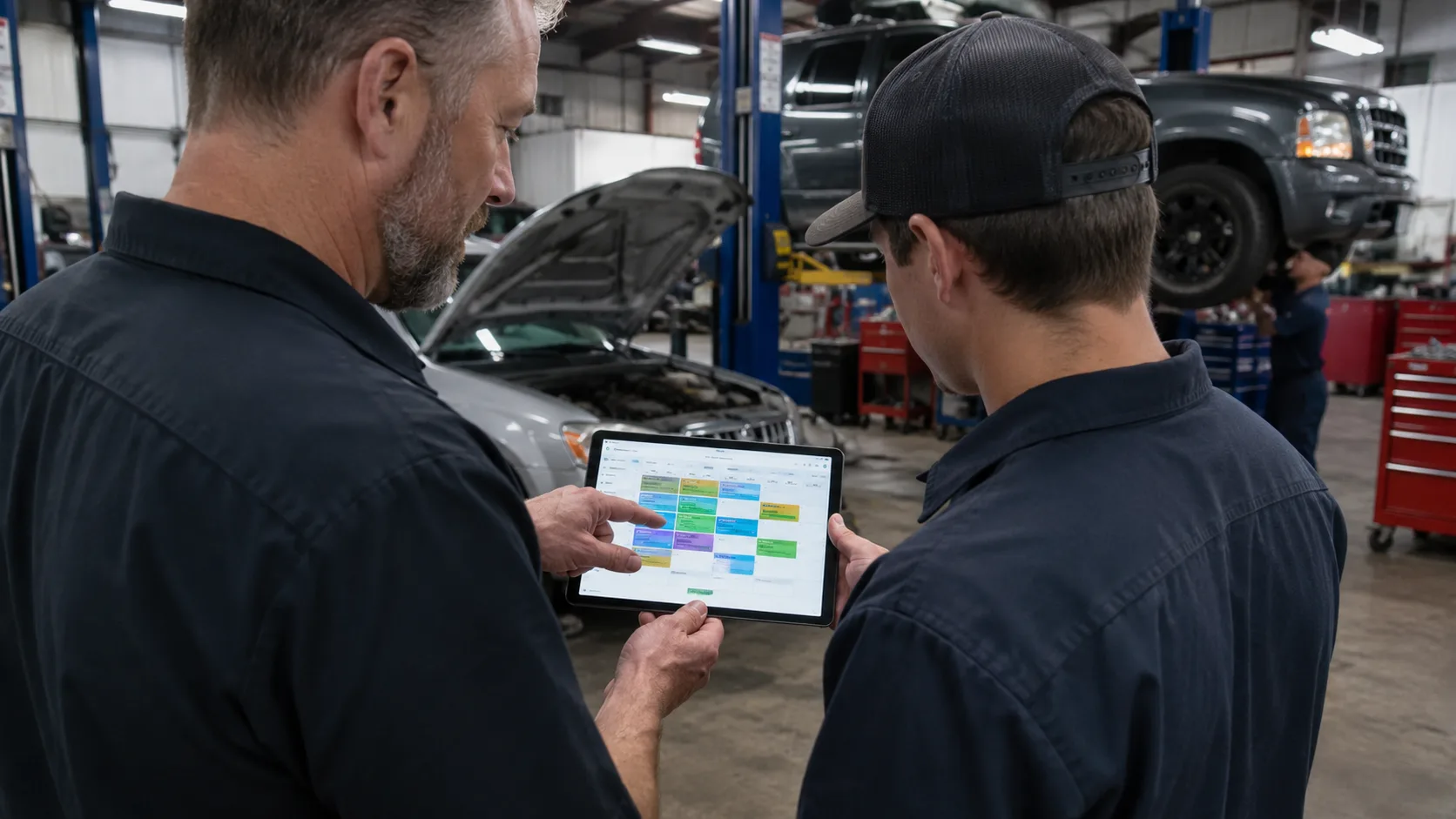 Foreman and technician reviewing a tablet-based workload schedule on the shop floor.