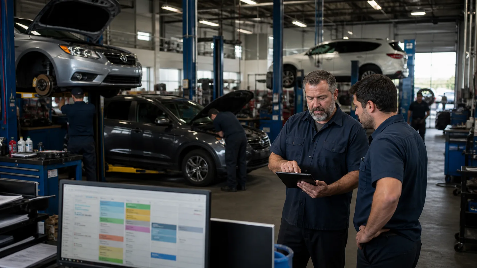 Foreman and technician reviewing the day's work on a tablet in an active repair shop.