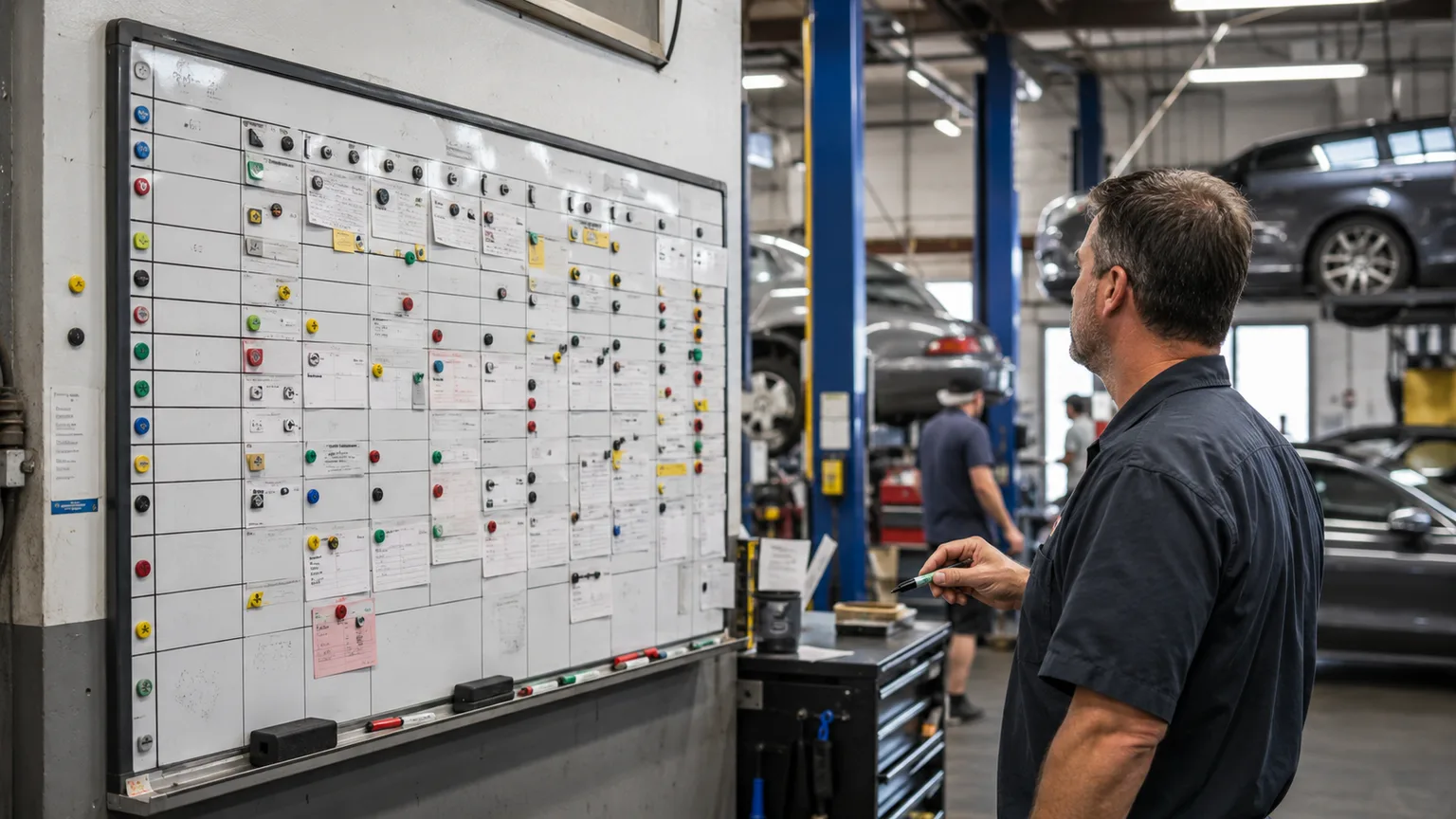 Foreman reviewing a full physical shop whiteboard schedule with job cards, magnets, and repair bays in the background.