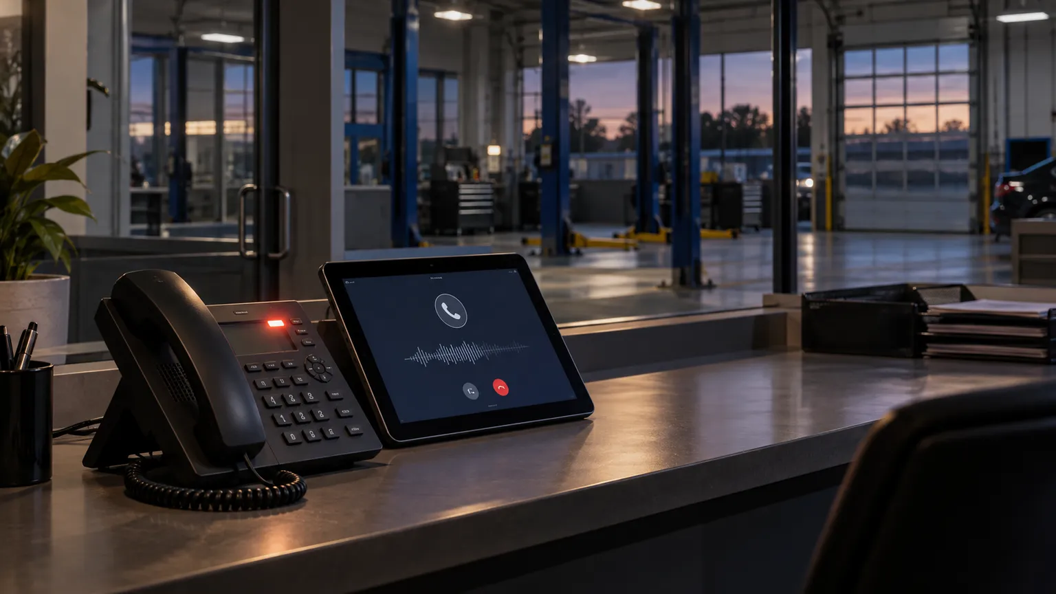 Desk phone and call display at an empty auto repair shop counter after hours.